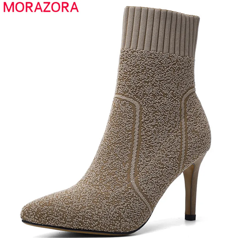 Женские эластичные ботинки MORAZORA осенние ботильоны с острым носком на высоком