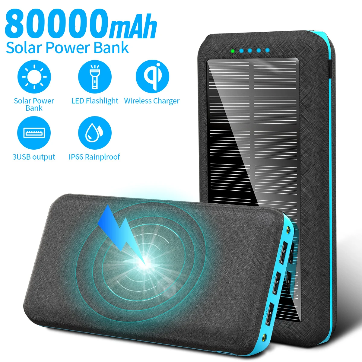 80000 мАч Солнечная Power Bank быстрая Qi Беспроводное Внешнее зарядное устройство для