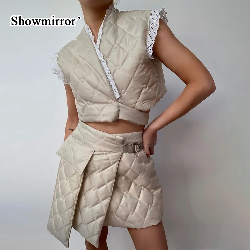 

Plaid Two Piece Set Sleeveless Jacket Top Casual Cotton Clothes Women Autumn Winter Padded Vest Button Skirt Matching Outfit
