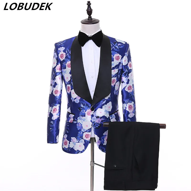 (Пиджак + брюки) формальные мужские костюмы с принтом розы блейзеры комплект из