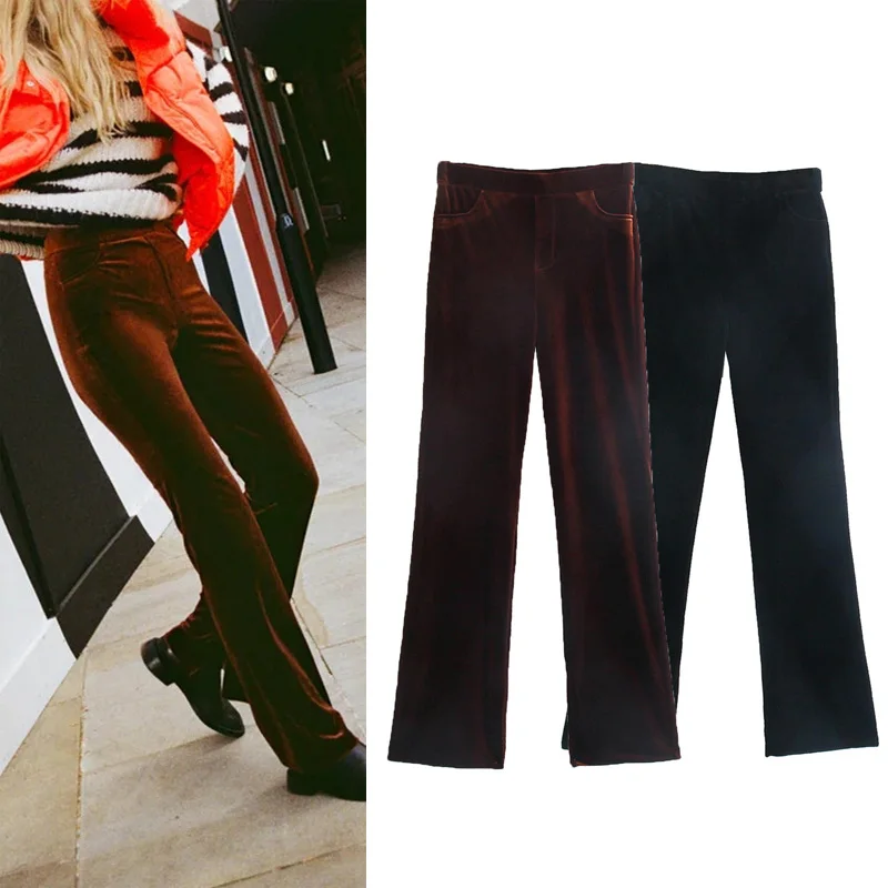 

Женские бархатные брюки-годе Za, однотонные винтажные уличные теплые брюки с высокой талией, карманами и эластичным поясом, зима