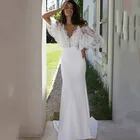 Женское винтажное свадебное платье, богемное платье А-силуэта с V-образным вырезом, коротким рукавом, открытой спиной и кружевной аппликацией со шлейфом, 2021