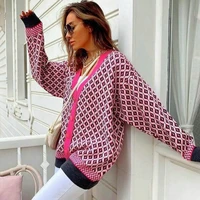 women v neck knitted cardigan irregular geometric jacquard single breasted sweater cardigans loose oversized jumper tops jacket