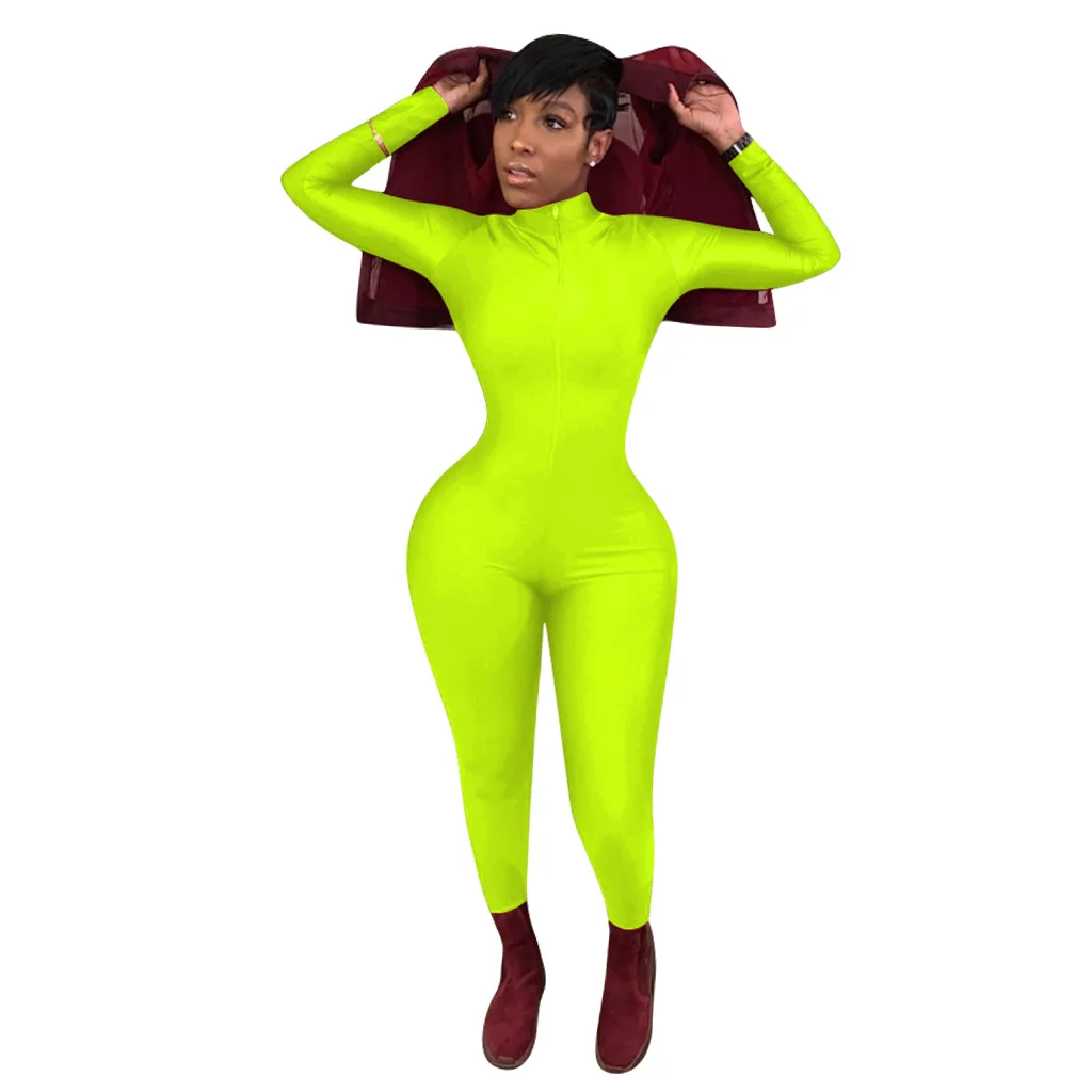 Осенний женский неоновый зеленый комбинезон на молнии с длинным рукавом