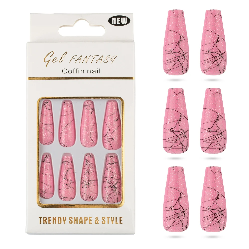 

30pcs/box Colorful Glitter Ballet Coffin Fake Nails Black Line Brushed UV Tips ABS Plastic Press on Fingernails for Women Decor