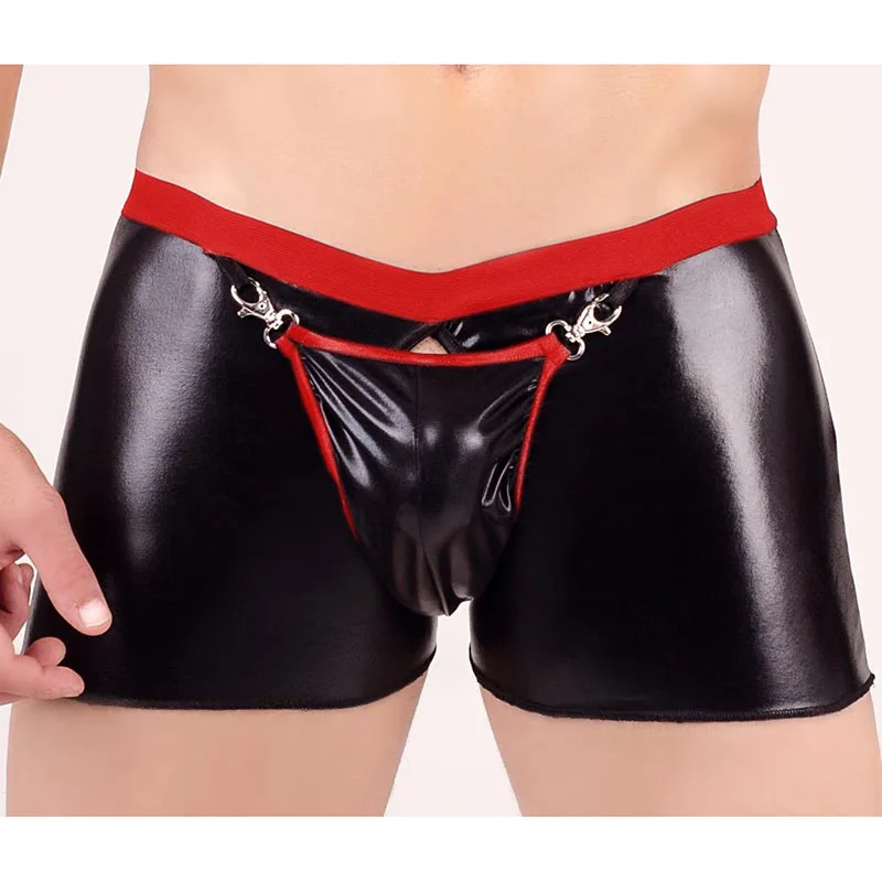 Сексуальные кожаные шорты-боксеры, мужские шорты, нижнее белье, мужские бриджи с открытой промежностью, сексуальные мужские экзотические черные трусы-боксеры