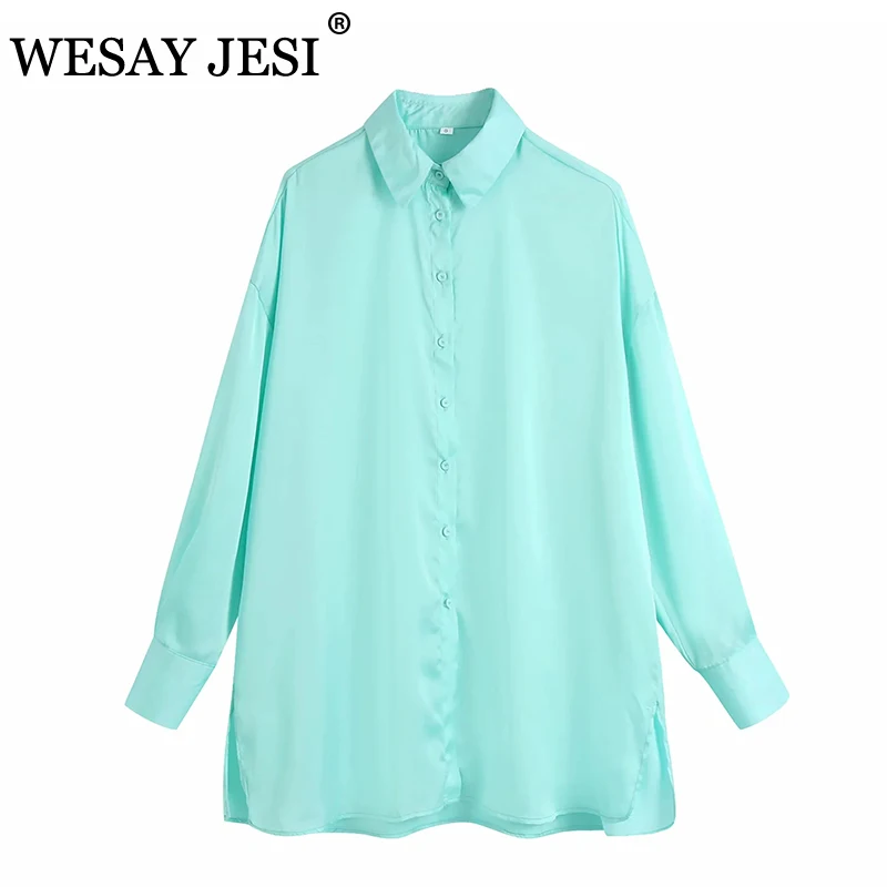 

WESAY JESI Women Clothes Fashion Solid Color Blouse TRAF ZA Satin Simple Commuter Shirt Single-breasted Long-sleeved Loose Shirt