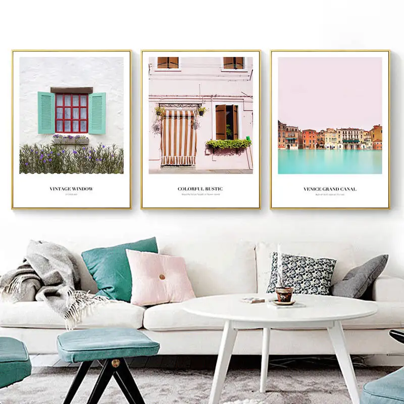 RuoGuan розовый архитектурный пейзаж холст Картина Зеленый Кактус настенные