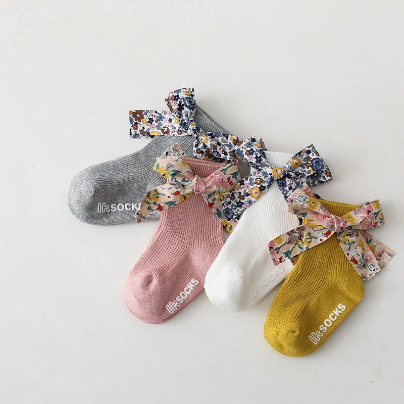 

New Spring Autumn Children Socks, Middle Tube Double Vertical Baby Girl Floral Bow Child Non-slip Floor Stockings 0-5Y