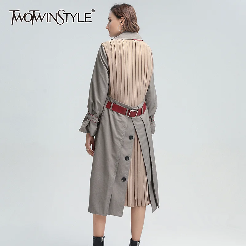 

TWOTWINSTYLE Casual Patchwork Ruched Trench For Women Lapel Long Sleeve High Waist With Sashes OL Windbreaker Female 2020 Autumn