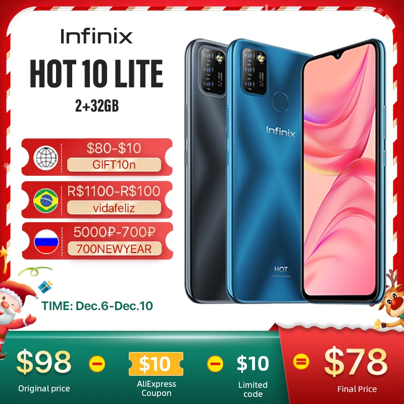 

Смартфон Infinix Hot 10Lite, 2 Гб + 32 ГБ, 6,6 дюйма, HD, каплевидный солнечный свет, дисплей 5000 мА · ч, тройная камера 13 МП, DTS, обработка звука