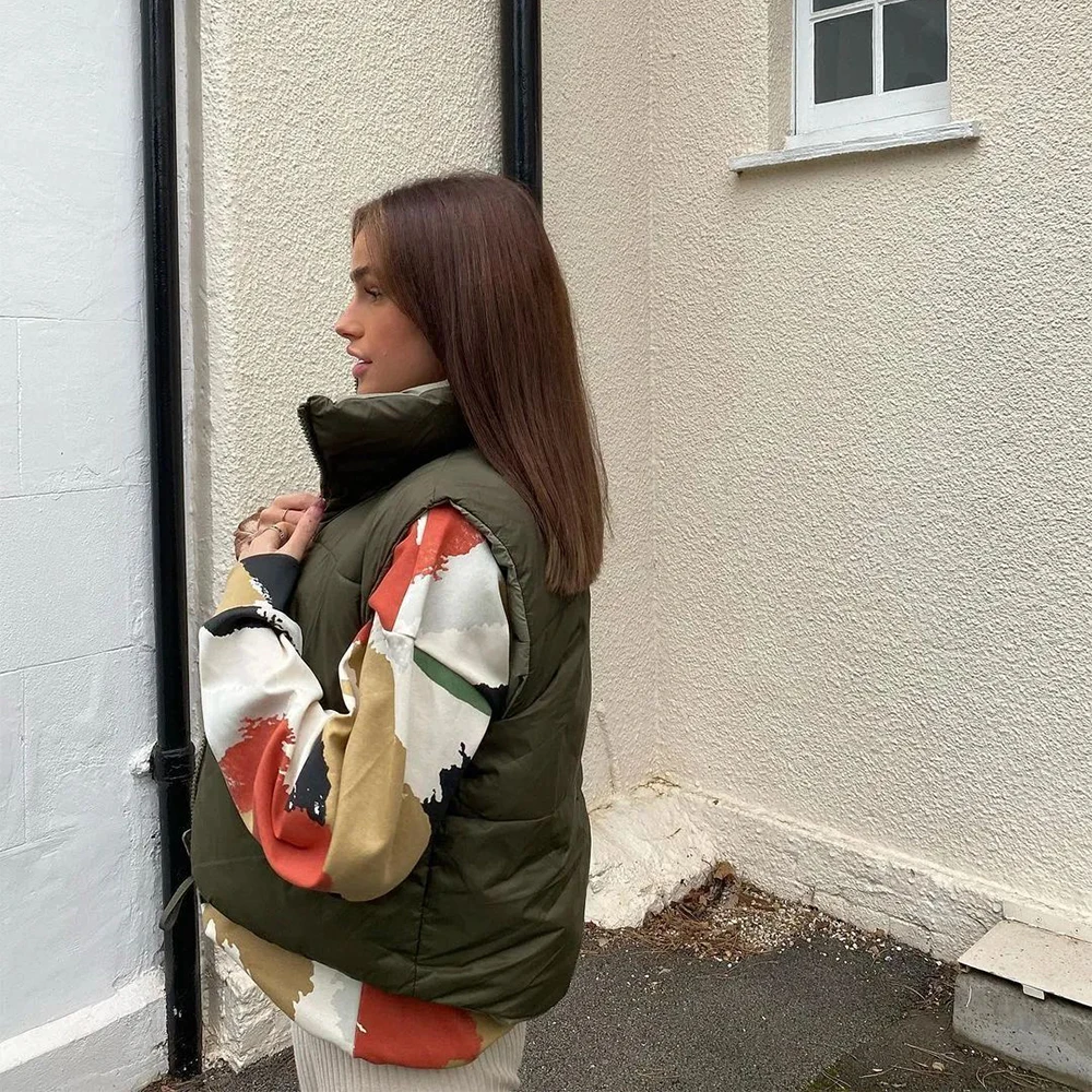 

2021 New Women Reversible Gilet Jacket Sleeveless High Collar Fashion Casual Streetwear Woman Waistcoat Tops Veste Femme