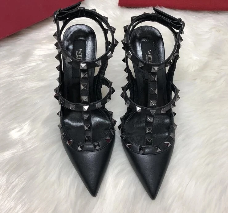

Designer Luxry Summer Women High Heel Pointed Sandals With Rivets Genuine Leather 6cm 8cm 10cm Lady Wedding Shoes 34-43 Dust Bag