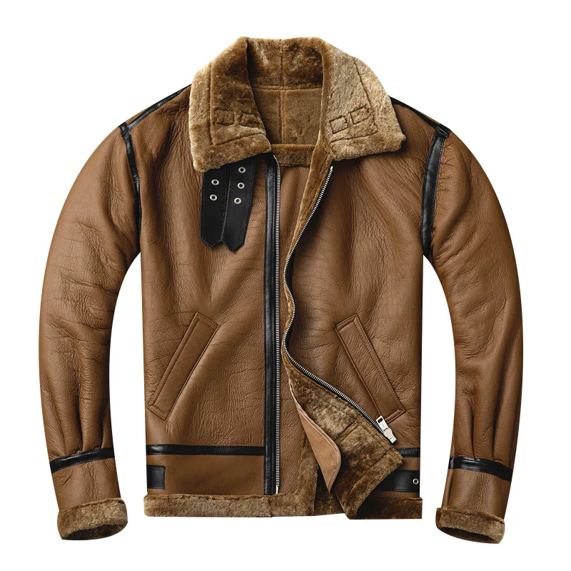 Мужская теплая куртка из натуральной кожи коричневая повседневная большого