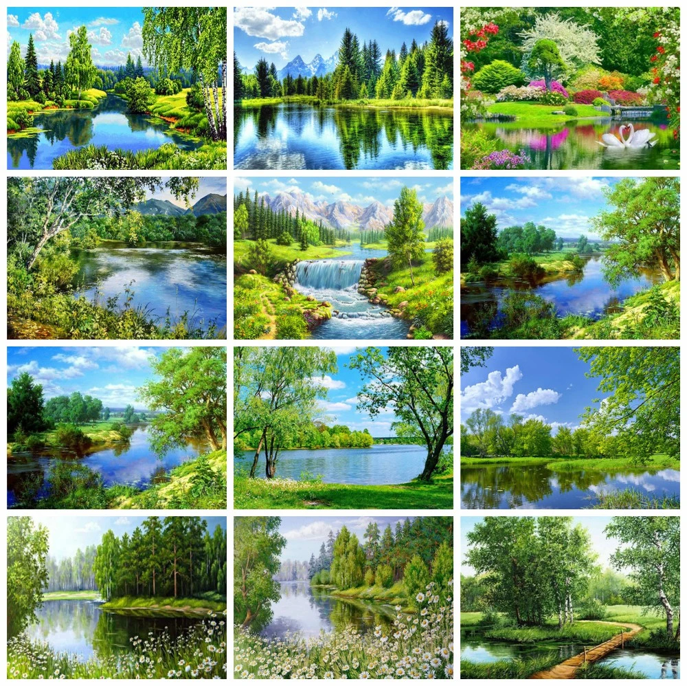 

Алмазная живопись HUACAN с деревом, полноразмерная ручная вышивка, мозаика с мотивом озера, пейзажа, весеннее Вышивание крестиком, домашний де...