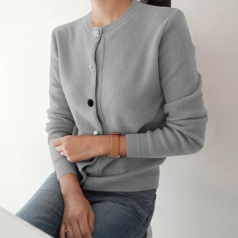 

Female Long Sleeve Wool Knitted Solid Soft Fashion 2021 New Spring Autumn Winter Cashmere Women OL Basic Cardigan O-Neck Sweater