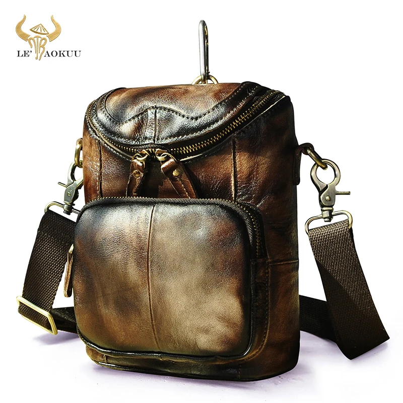 

Vintage Coffee Quality Leather Male Multi-function Fanny Waist Belt Messenger bag Design Satchel Cross-body bag For Men 611-74