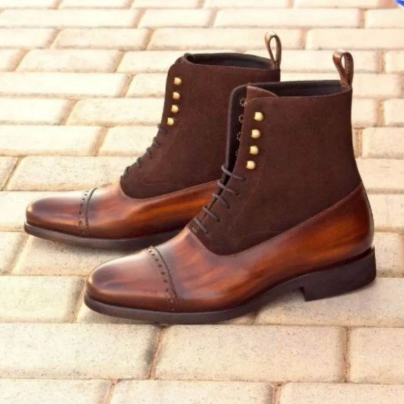 

Autumn and Winter New Fashion Men Brown Wingtip Block PU Leather Stitching Suede Lace Up Ankle Boots Business Dress Boots AQ121