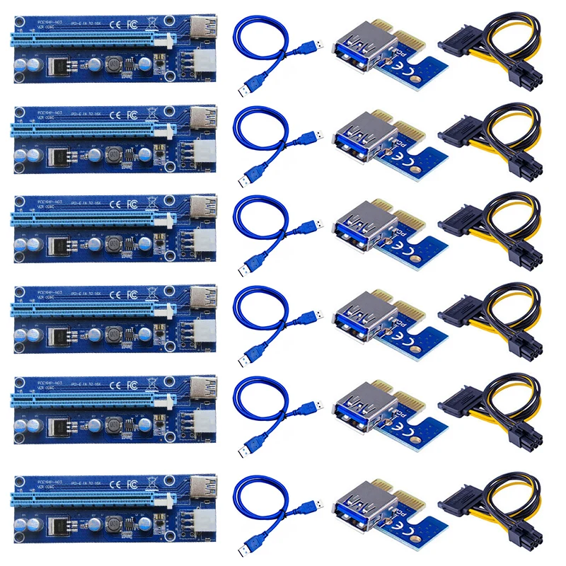

6 Pcs VER006C PCI-E Riser Card 006C PCI Express 1X to 16X Extender Adapter 0.6M USB 3.0 Cable 6Pin to SATA Power Cord