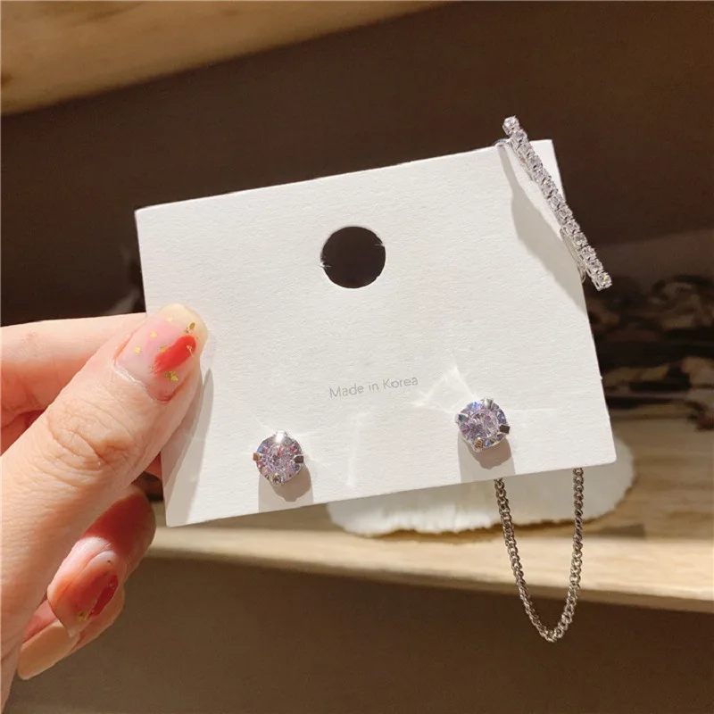 

2021 New Korea Shine Rhinestone Asymmetric Tassel Chain Ear-hook Ear Clip Crystal Dangle/Drop Earrings Women Line Jewelry