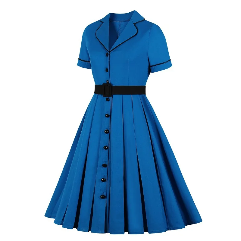 Женское платье с коротким рукавом SISHION VD1361 летнее хлопковое темно-синего цвета