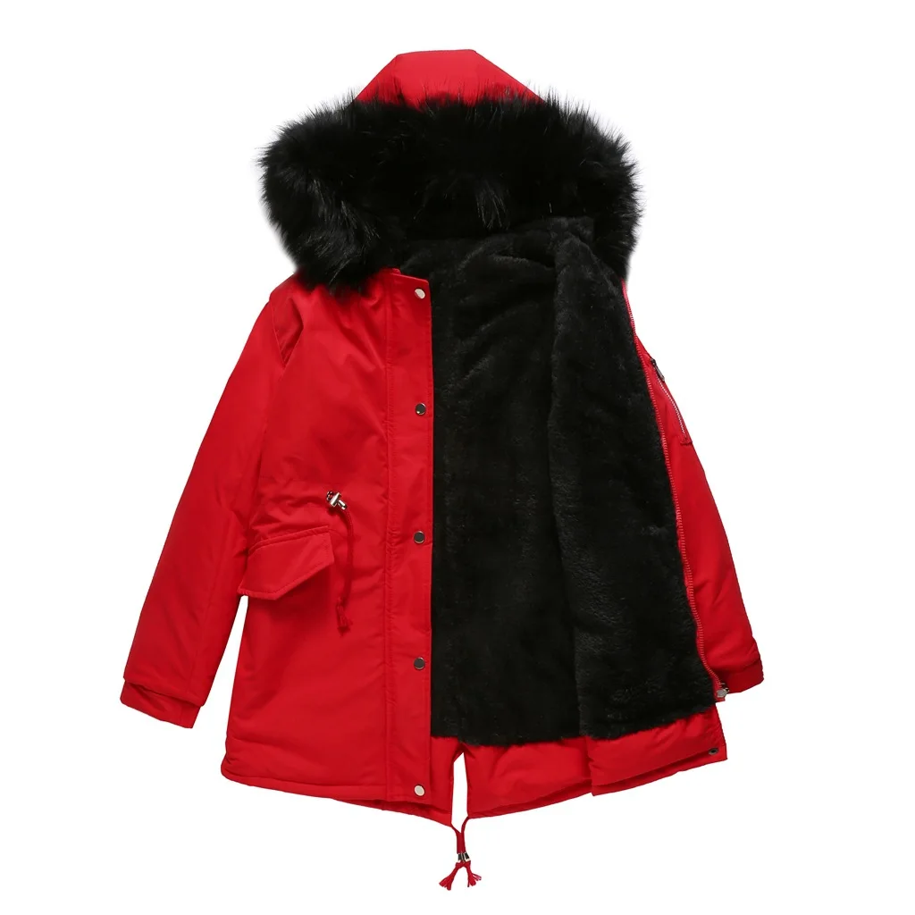 

jacket European size plus fur medium length Hooded collar thickened women's cotton padded Winter Warm Plush coat heel