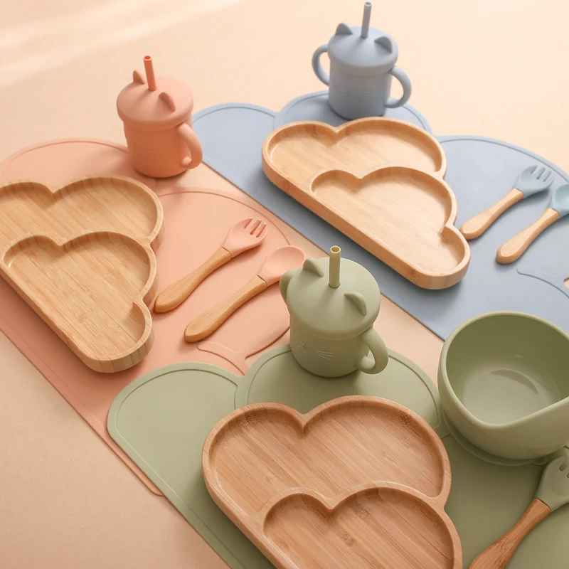 Vajilla de silicona de 6 unids/set para beb&eacute;, cuenco de silicona de grado alimenticio, cuchara impermeable, plato de cena de madera de bamb&uacute;, taza de alimentaci&oacute;n, productos para beb&eacute;-2