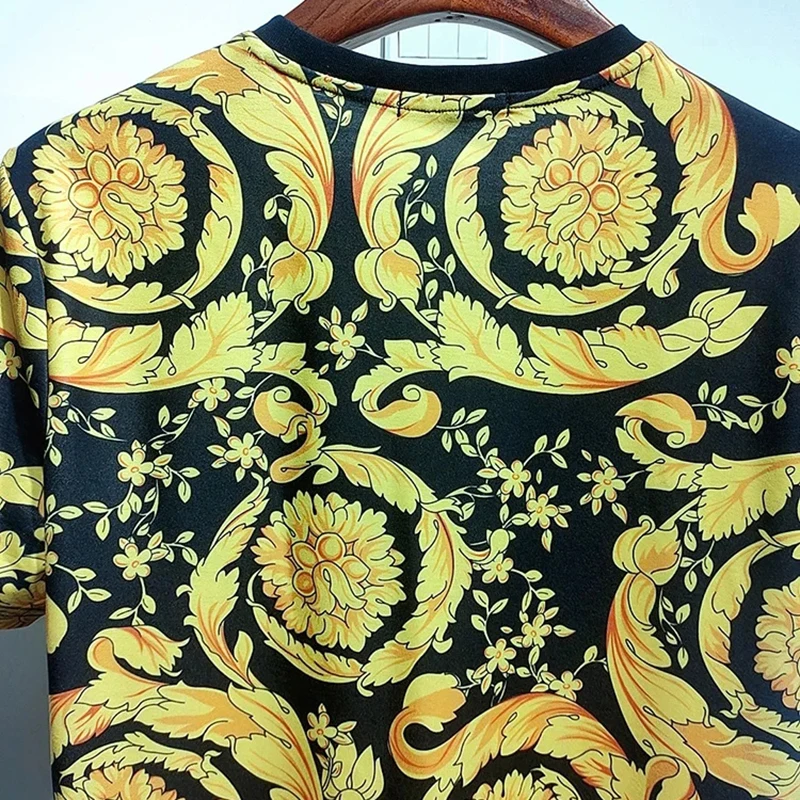 european hot selling mens golden floral t shirt summer beach o neck street hip hop design rock quality craftsmanship brand free global shipping