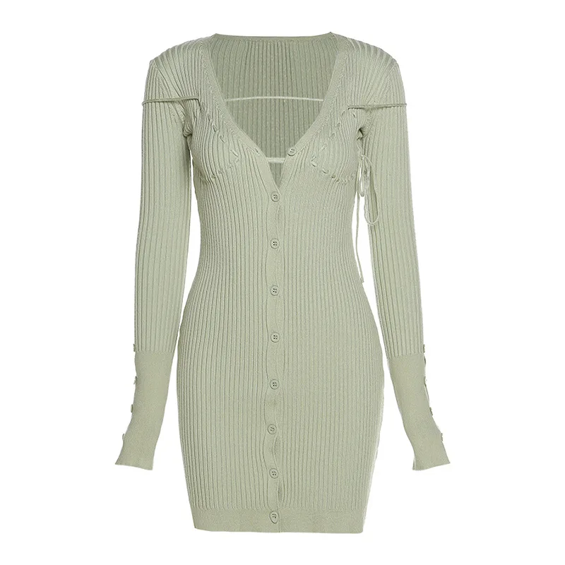 

2021 Spring and Autumn New Women's Fashion Y2k Pure Color Knitted Slim Casual High Waist Bag Hip Single-breasted Women's Dress