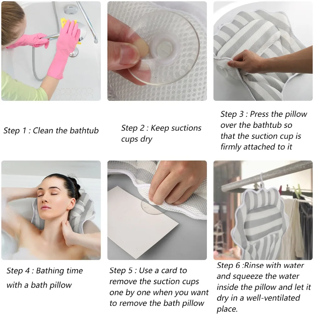 Bathroom Pillow Neck Support Anti-Slip Belt 6 Powerful Suction Cups 3D Mesh Mold Design Bath Pillows Waterproof and Quick Dry