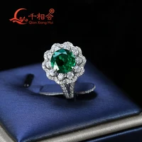 14k or 18k white gold flower ring 9mm dark green color round lab emerald stone melee moissanite for wedding engagement party