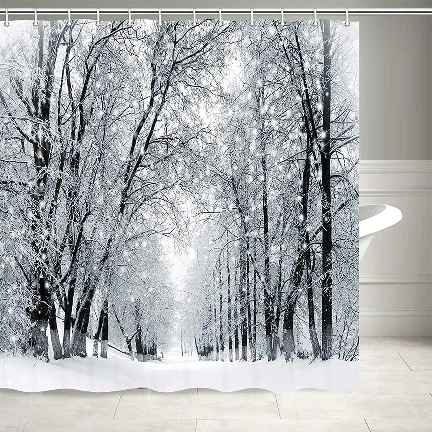 Fairy Winter Landscape Shower Curtain Frosty Trees and Snowstorm in City Park Christmas Curtains Bathroom Accessories With Hooks