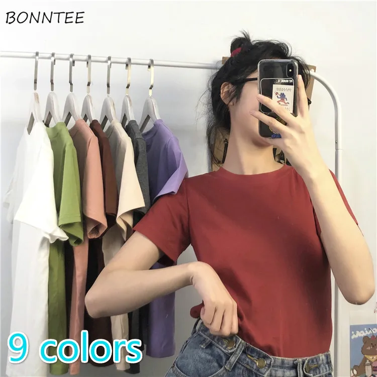 

T-shirts Womens All-match Various Colors Student Style Harajuku Basic Leisure Streetwear Simple Daily Stylish Skinny Solid New
