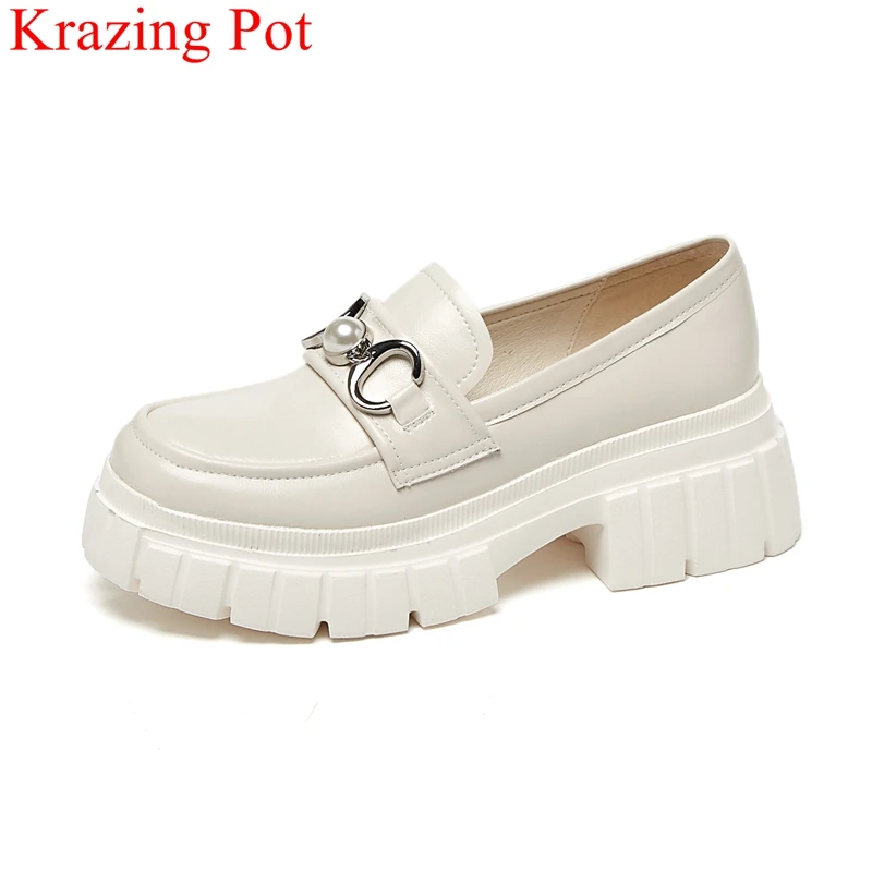 

out of stock genuine leather pearl platform loafers round toe vacation casual shoe elegant concise increasing women pumps