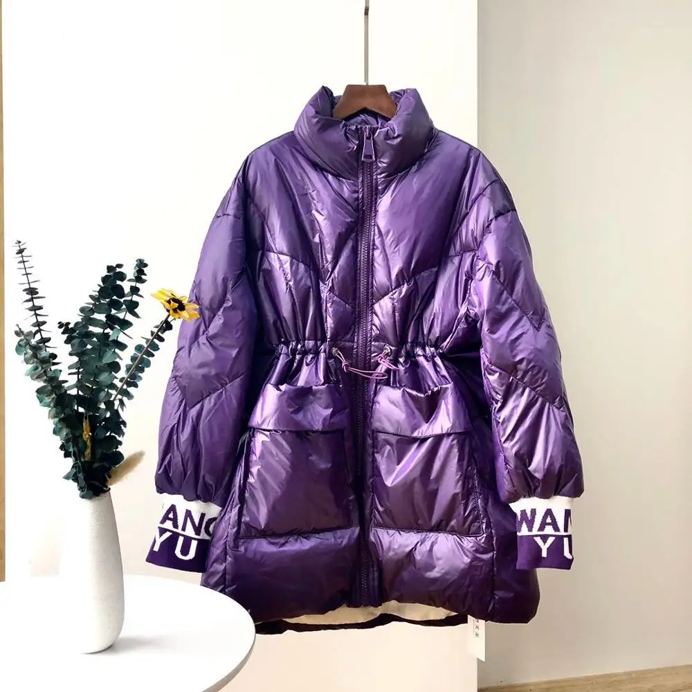 Блестящая блестящая яркая куртка на 90% белом утином пуху Женское пальто с