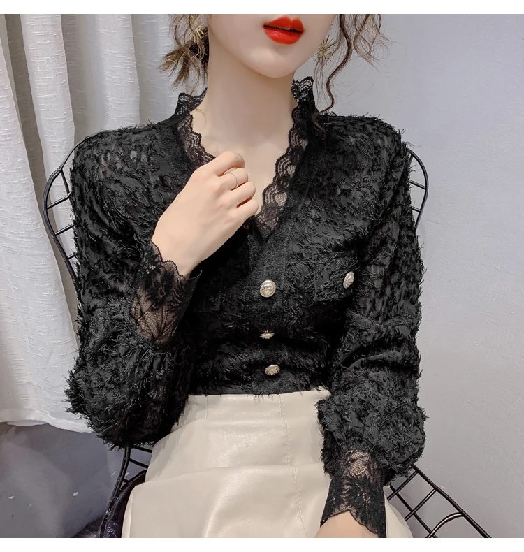 

Lace Up V-neck Slim Korean Clothes Fashion Brand Spring Style Women Blouses Tassel Ladies Tops Blusas Mujer De Moda Shirts New