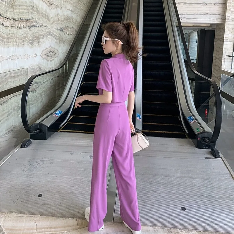 

New Summer Two Piece Set Vintage Women Double Breasted Short-sleeve T Shirts + Loose Preppy Casual Wide Leg Pants Suit