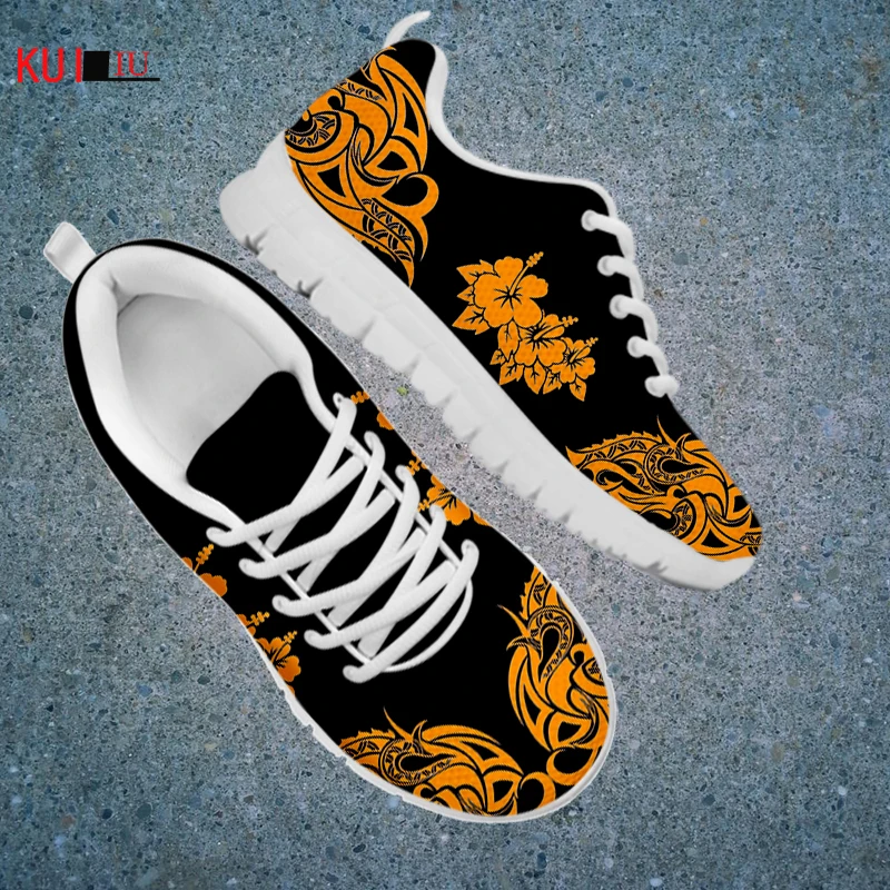 

KUILIU Women Lace Up Sneakers Mesh Ladies Shoes Light Casual Vintage Polynesian Tribal Hibiscus Print Walking Footwear Dropship