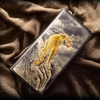 handmade wallets carving king of mountain forest tiger purses men clutch vegetable tanned leather wallet card holder
