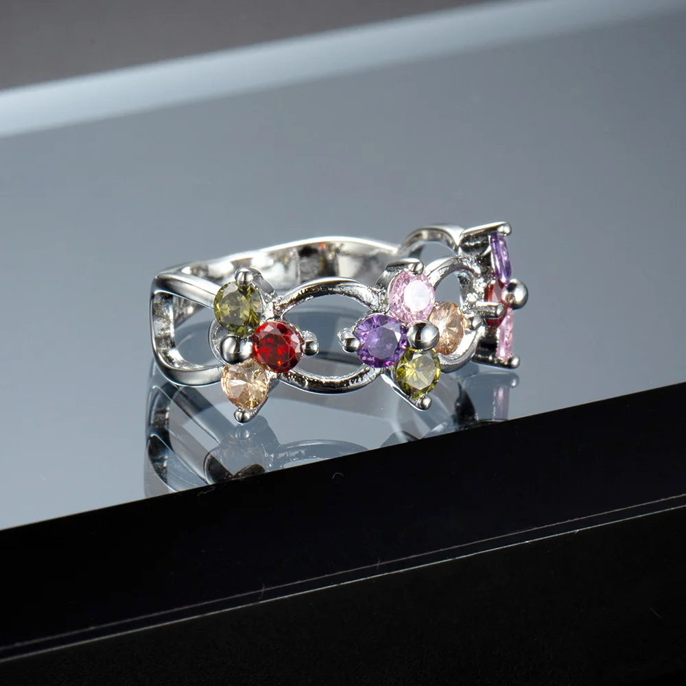 Top Quality Authentic Silver Color Plum Flower Ring Micro Pave Multicolor CZ Women Party Wedding Jewelry Gifts Wholesale | Украшения и