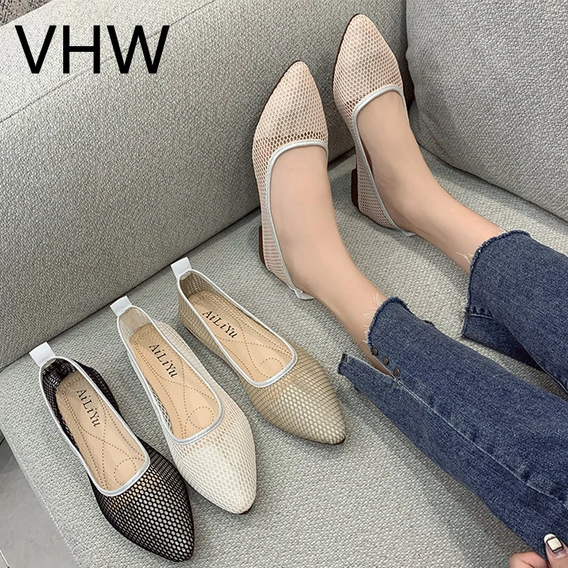 

Women Summer 2021 Weavn Mesh Breatable Hollow Falts Low Heels Loafers Fashion Pointed Toe Pointed Toe Ladies Boat Shoes