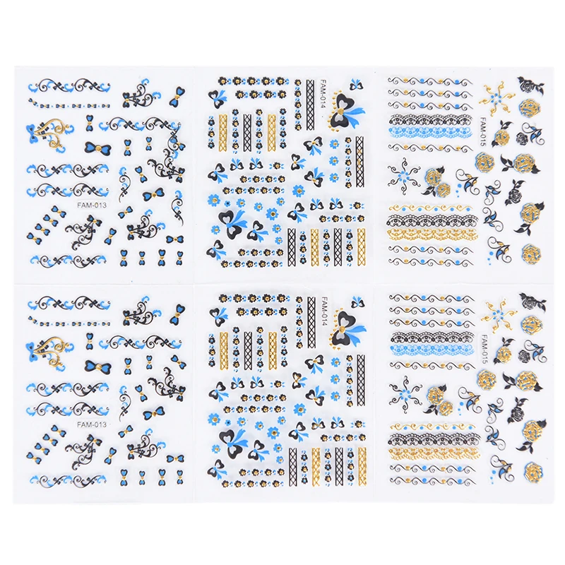 6/24 стиля Переводные переводные наклейки для ногтей голубое золото/серебро