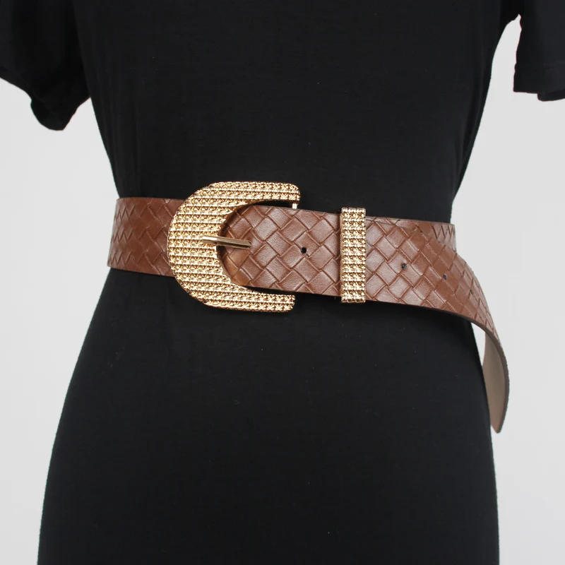 

Women's Runway Fashion Vintage Plaid PU Leather Cummerbunds Female Dress Corsets Waistband Belts Decoration Wide Belt R372