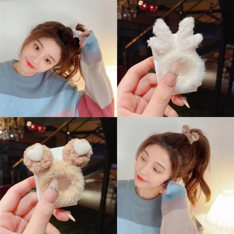 

MISANANRYNE 2PCS Winter Women Girls Hair Tie Cute Antlers Cat Ears Plush Elastic Hair Bands Autumn Sweet Headwear
