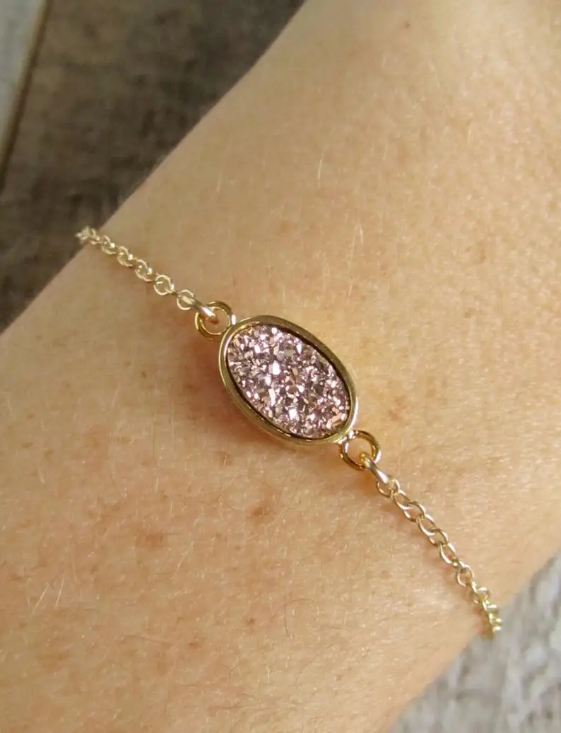 

5Pcs/Lot Natural Druzy Geode Agates Oval Charms Beads Gold Tennis Chains Adjustable Bracelet Fashion Women Handmade Jewelry