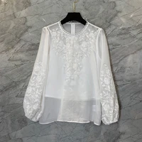 tops fashion blouses 2021 autumn style women luxurious embroidery long sleeve white apricot black shirts ladies silk cotton tops