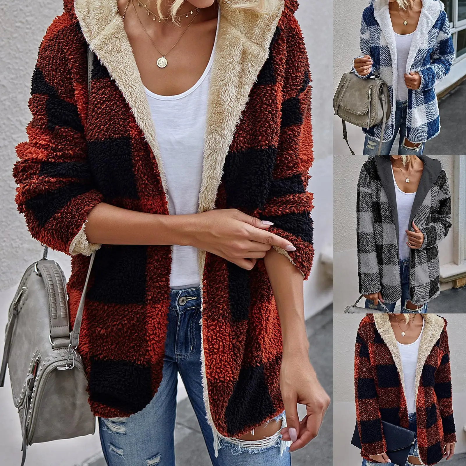 

Women Autumn Winter Long Sleeve Reversible Plaid Pockets Warm Coat Plush Jacket