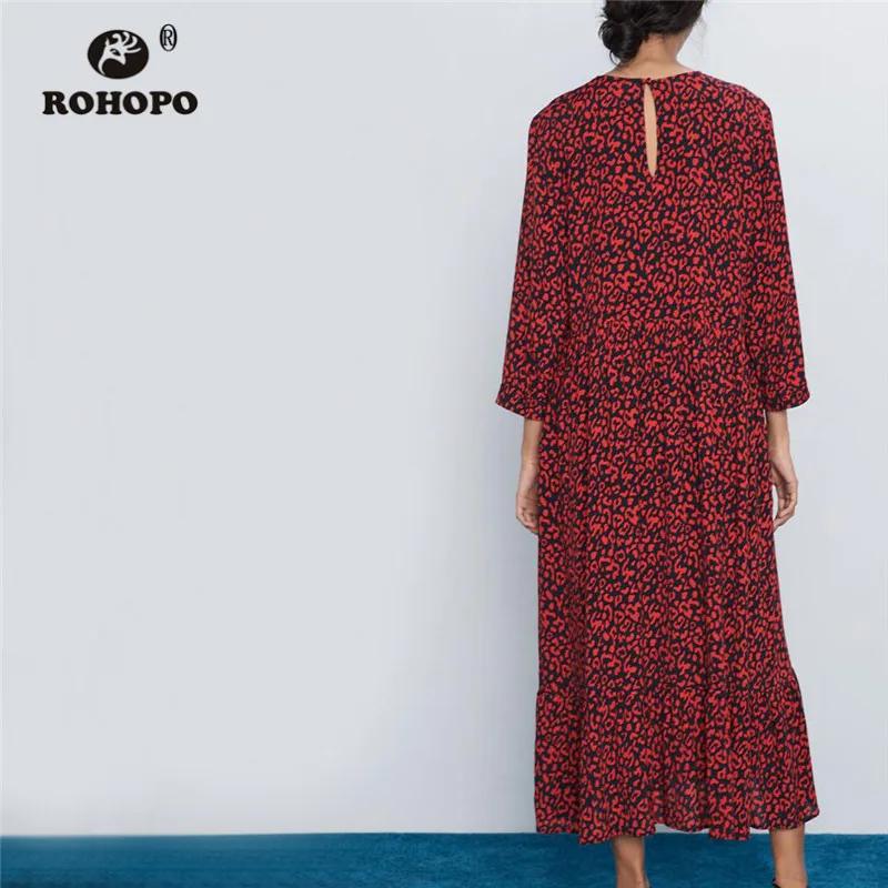 ROHOPO круглый воротник красный принт с животными длинный рукав черное платье миди