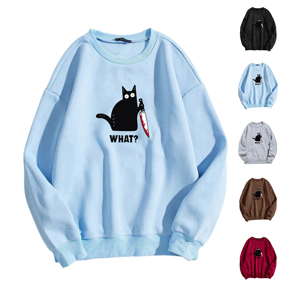 

Fashion Womens Cat Printed Sweatshirt Round Neck Long Sleeve Crew Neck Casual Tops Blosue Ladies Loose Outwearing Tops Clothes
