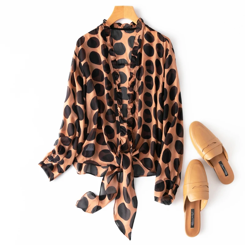 

SHUCHAN Sexy & Club Cardigan Women Natural Silk Ruffles V-Neck Polka Dot Chiffon Open Stitch Thin Summer Tops